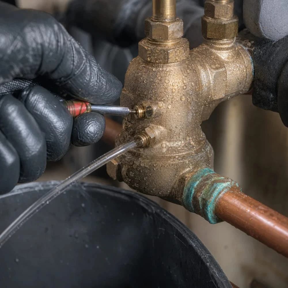 Close-up hand testing brass backflow preventer valve during plumbing