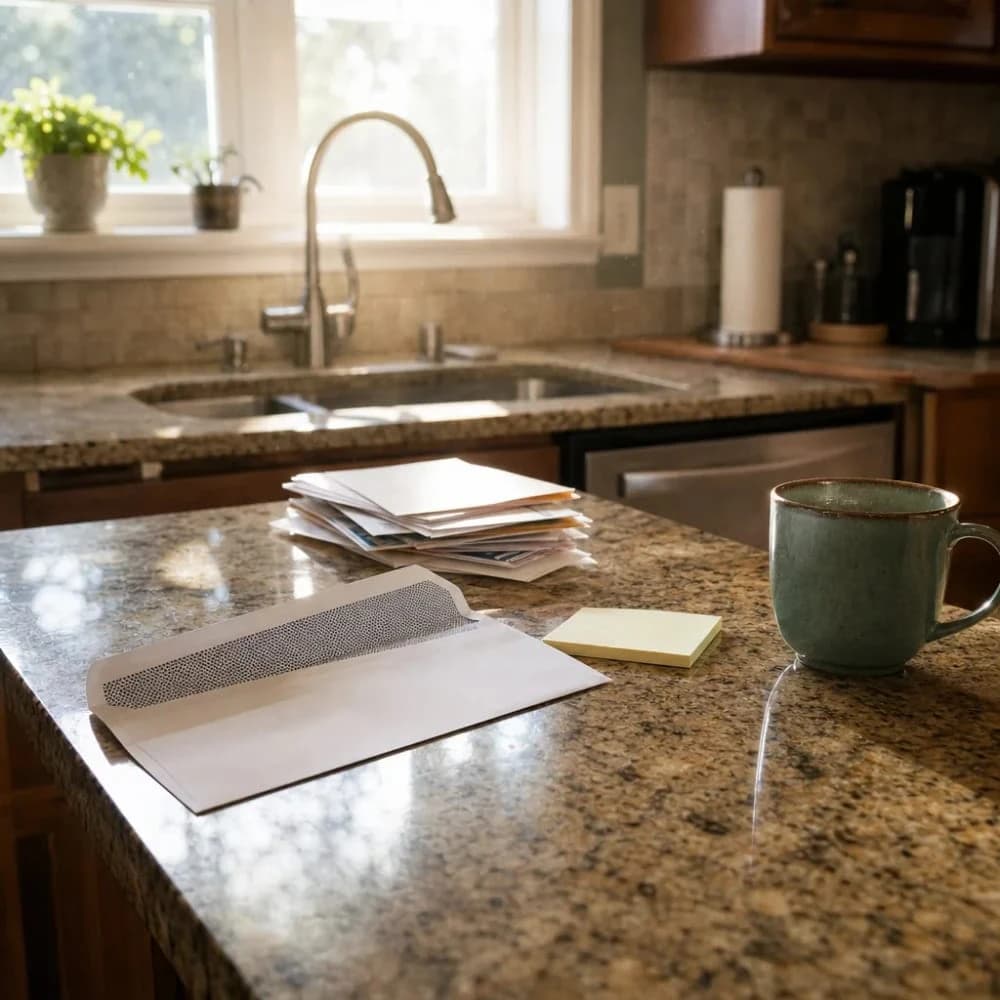 Water utility testing notice on kitchen counter prompting backflow preventer