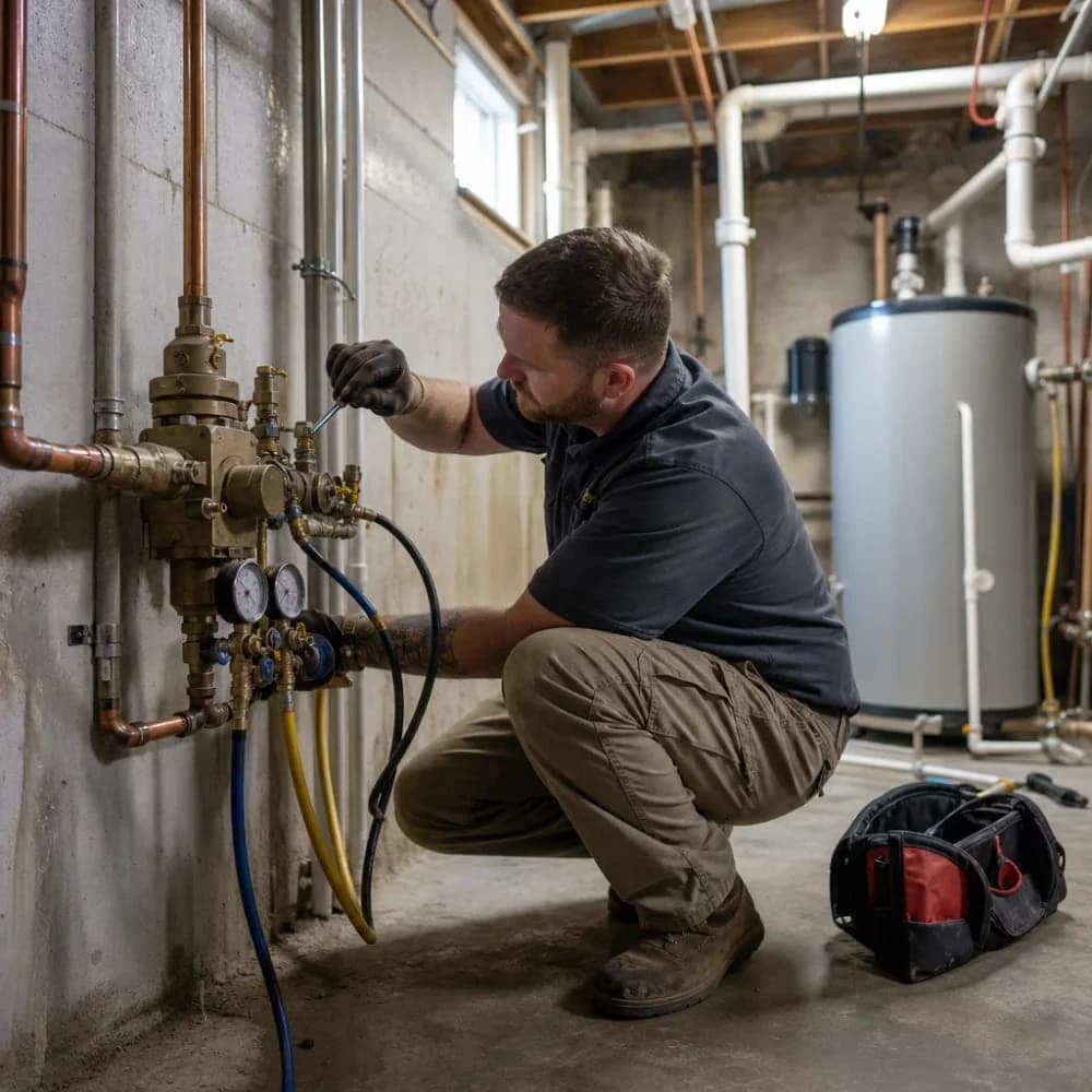 Plumber testing a backflow preventer valve with gauge kit in basement