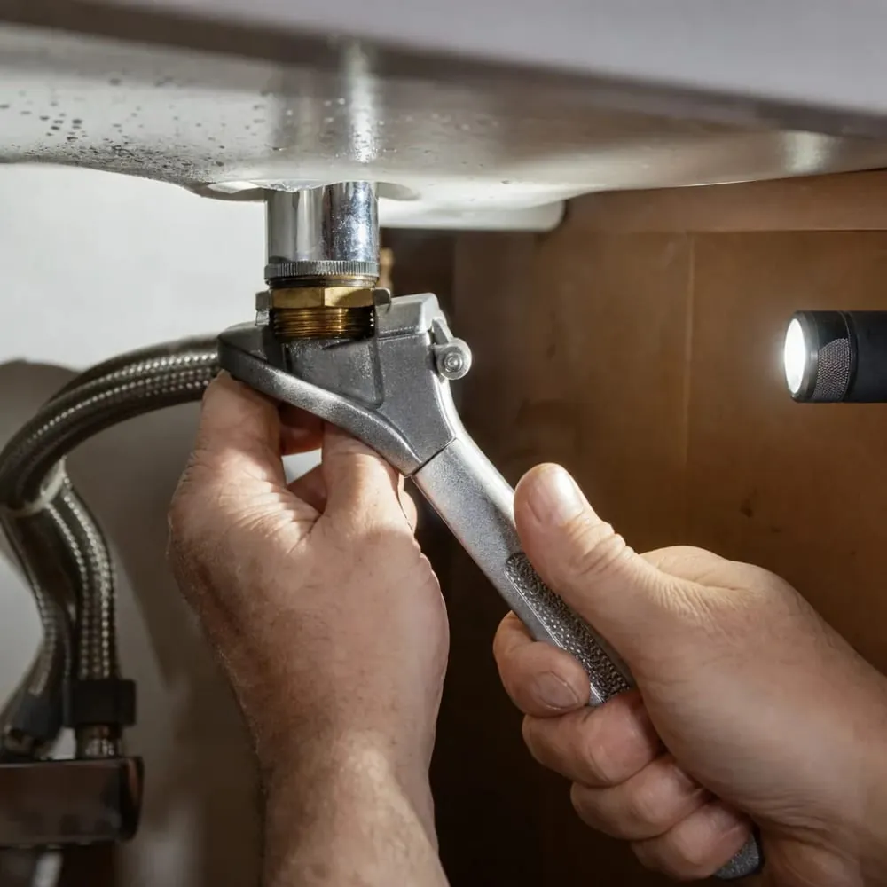 Close-up of basin wrench tightening bathroom faucet mounting nut