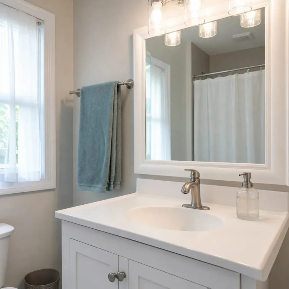 Brushed nickel bathroom faucet on a sink