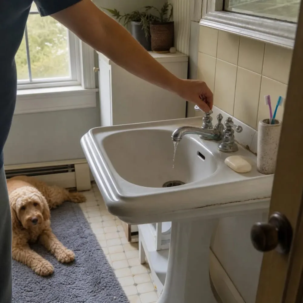 Homeowner noticing worn leaking bathroom faucet before install