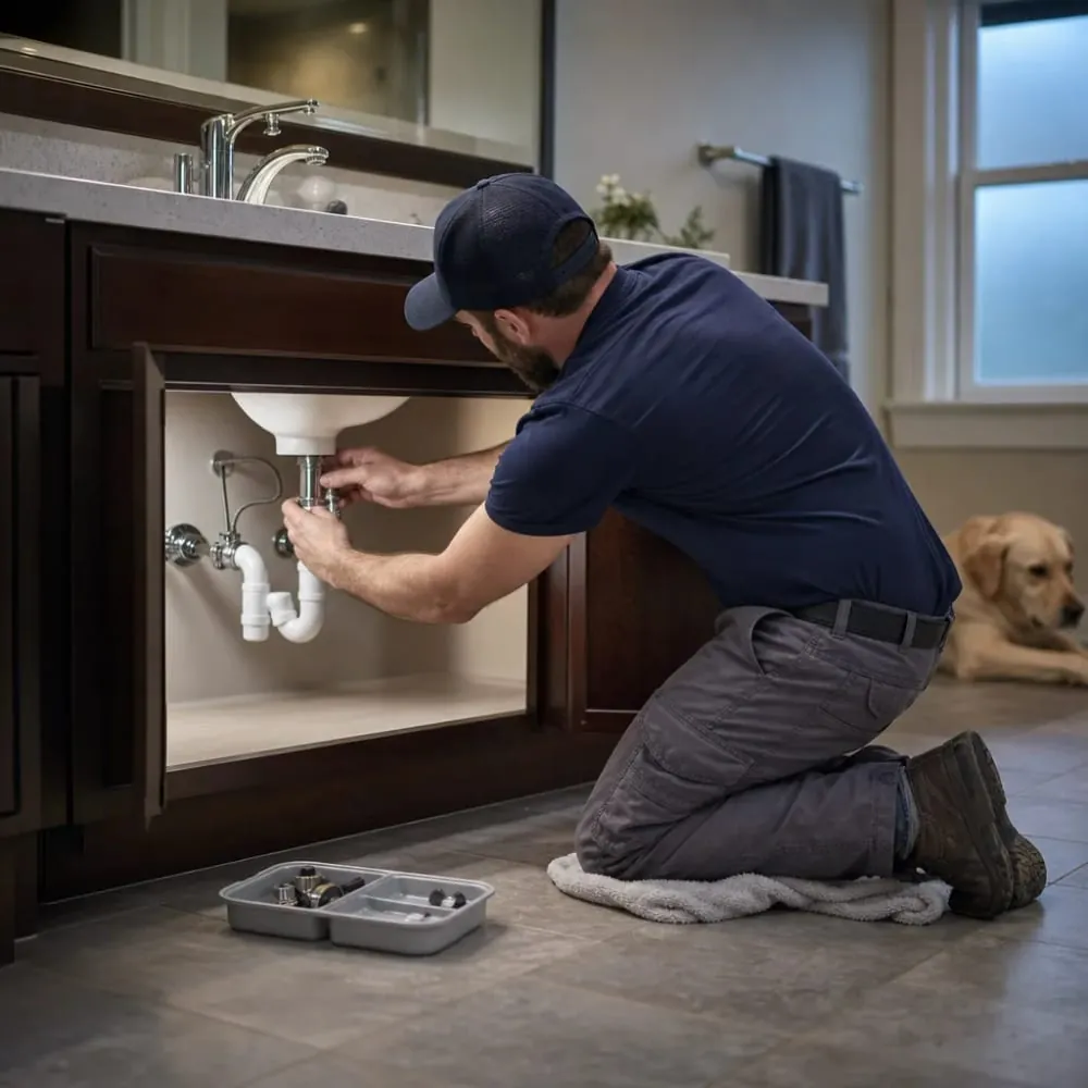 Plumber connecting supply lines during bathroom faucet install in home
