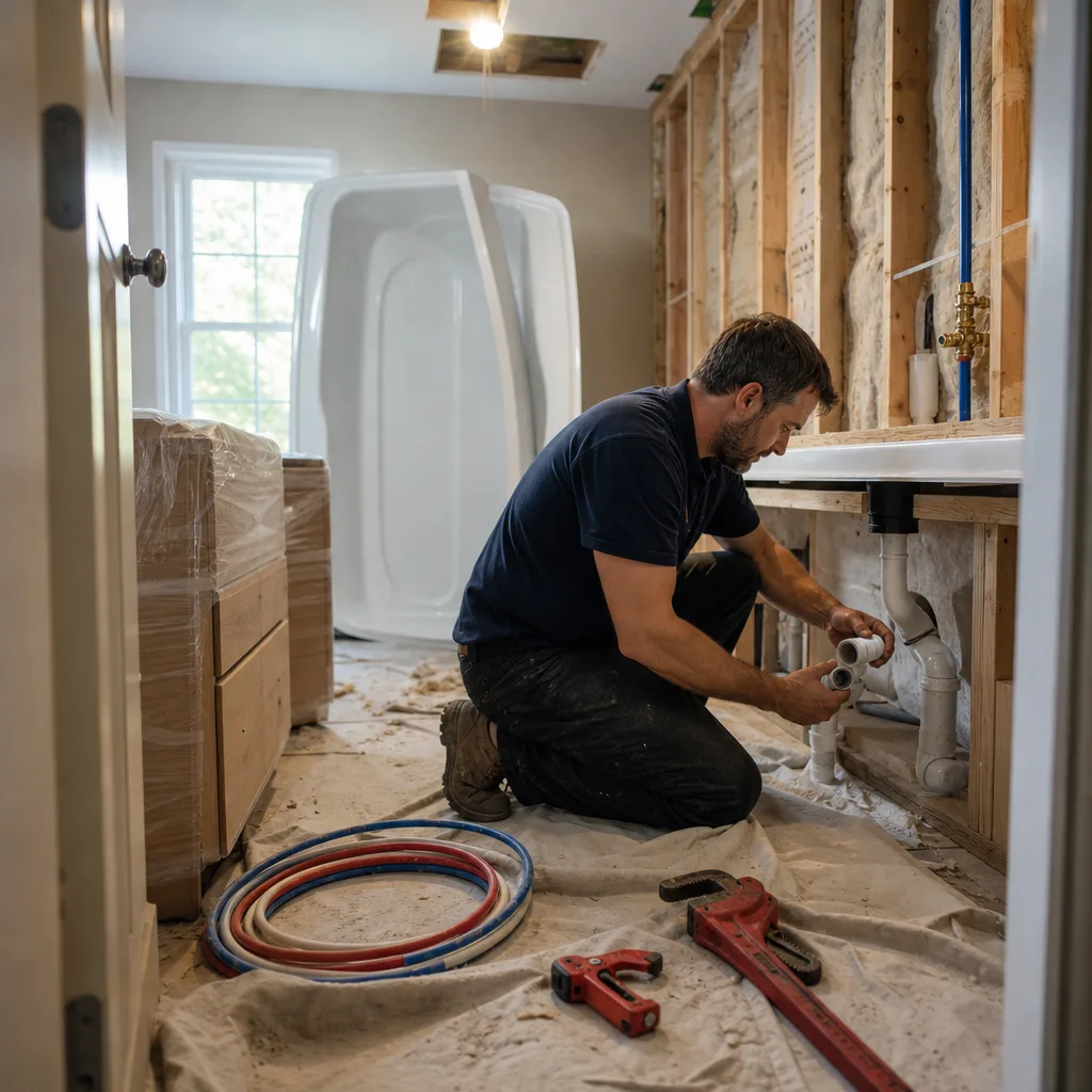 Plumber installing bathtub plumbing during bathroom remodel in Evansville home