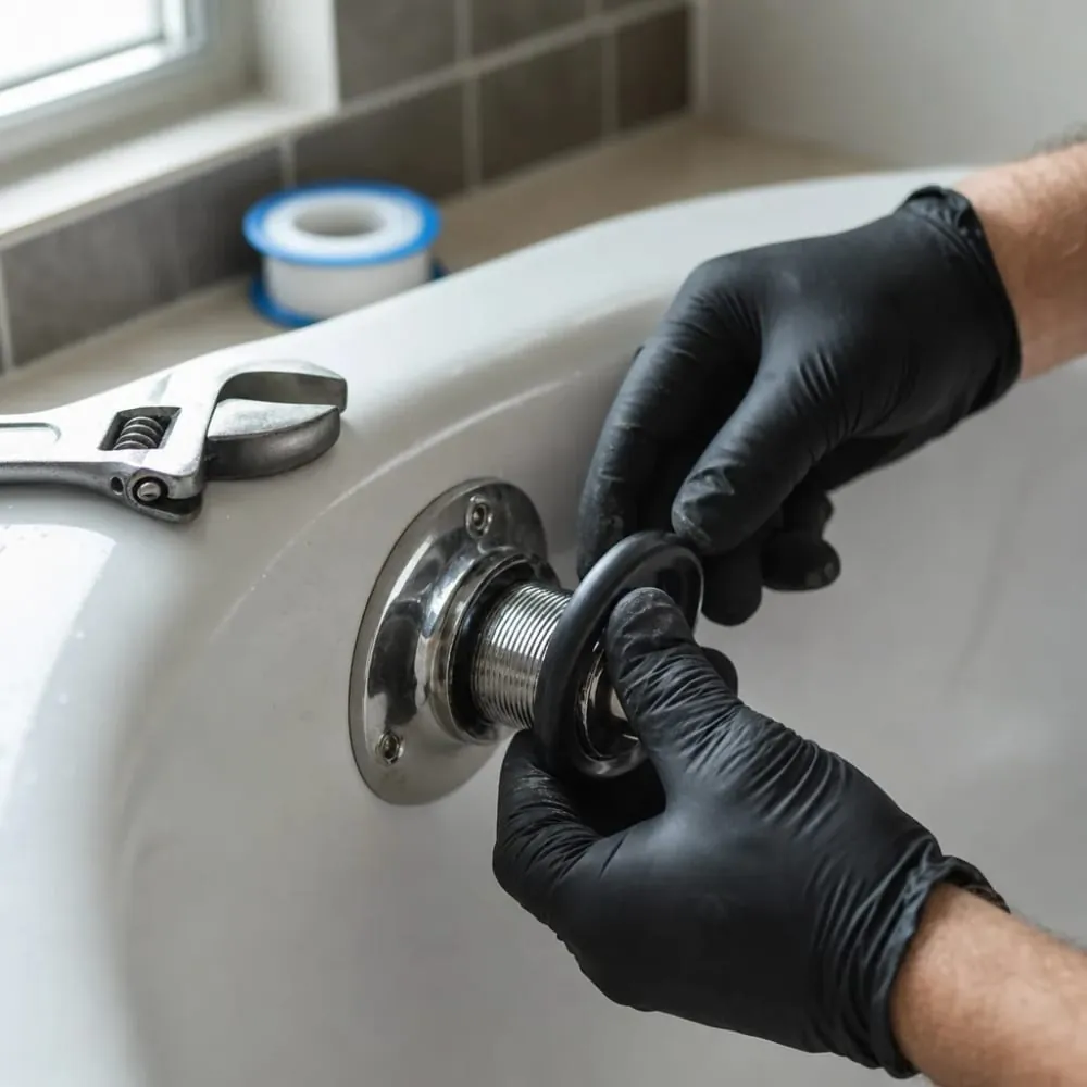 Close-up of plumber installing tub overflow drain during bathtub installation