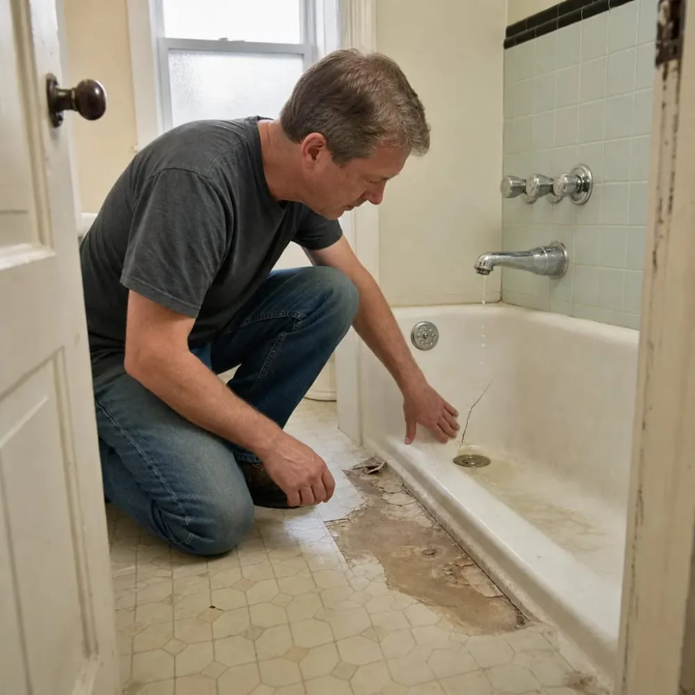 Homeowner inspects cracked bathtub needing replacement in bathroom