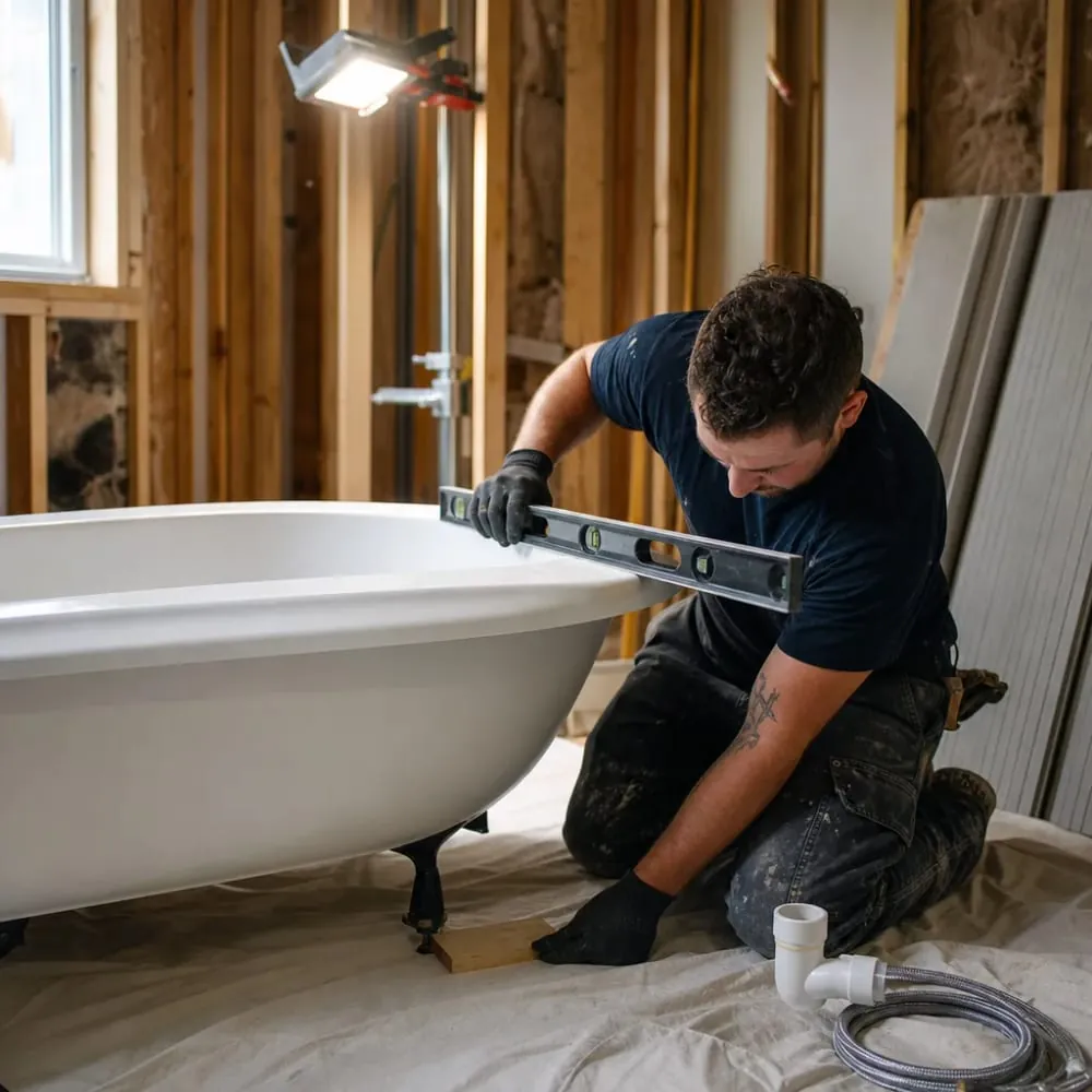 Plumber leveling a new bathtub in a bathroom