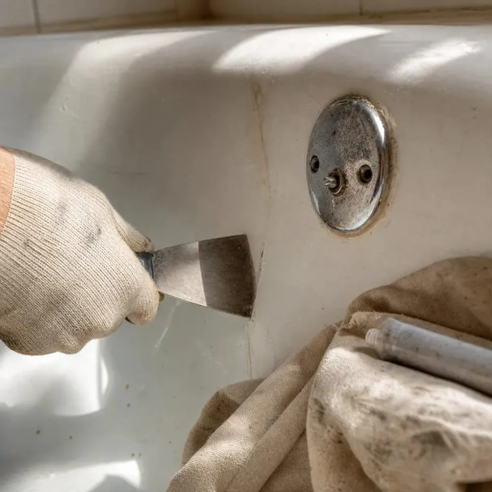 Close-up of hairline crack being repaired on bathtub during plumbing