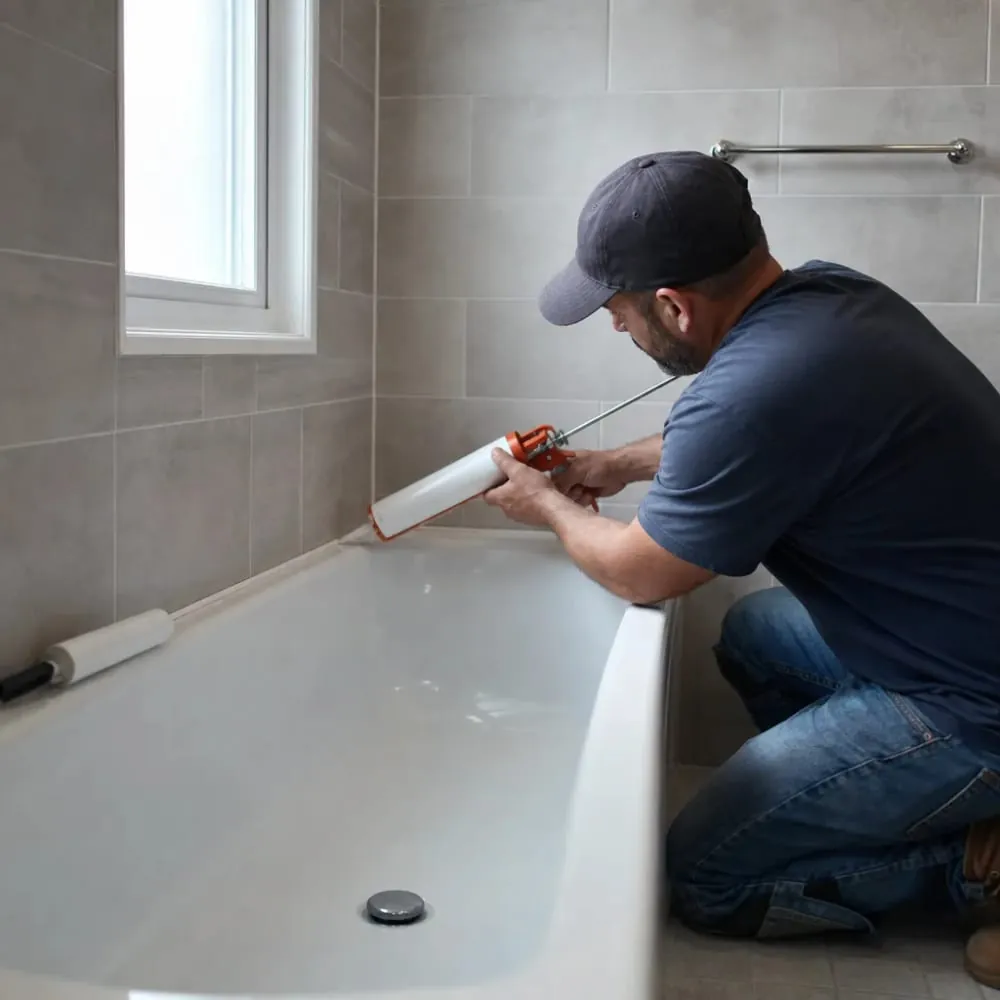 Plumber repairing bathtub seam caulking during bathtub repair