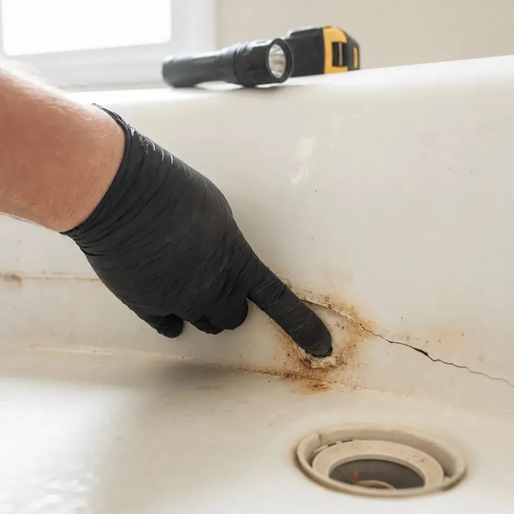 Close-up inspection of cracked bathtub shell before bathtub replacement