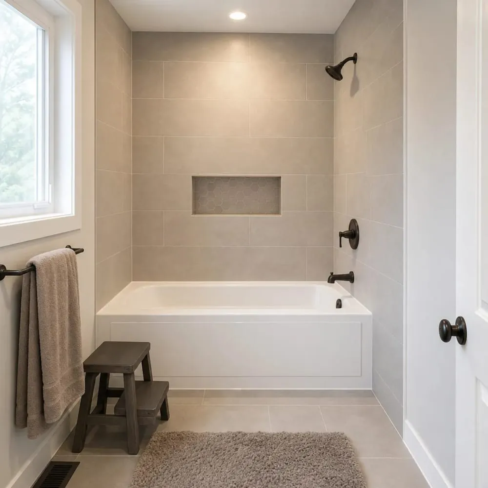 White bathtub set in a tiled opening