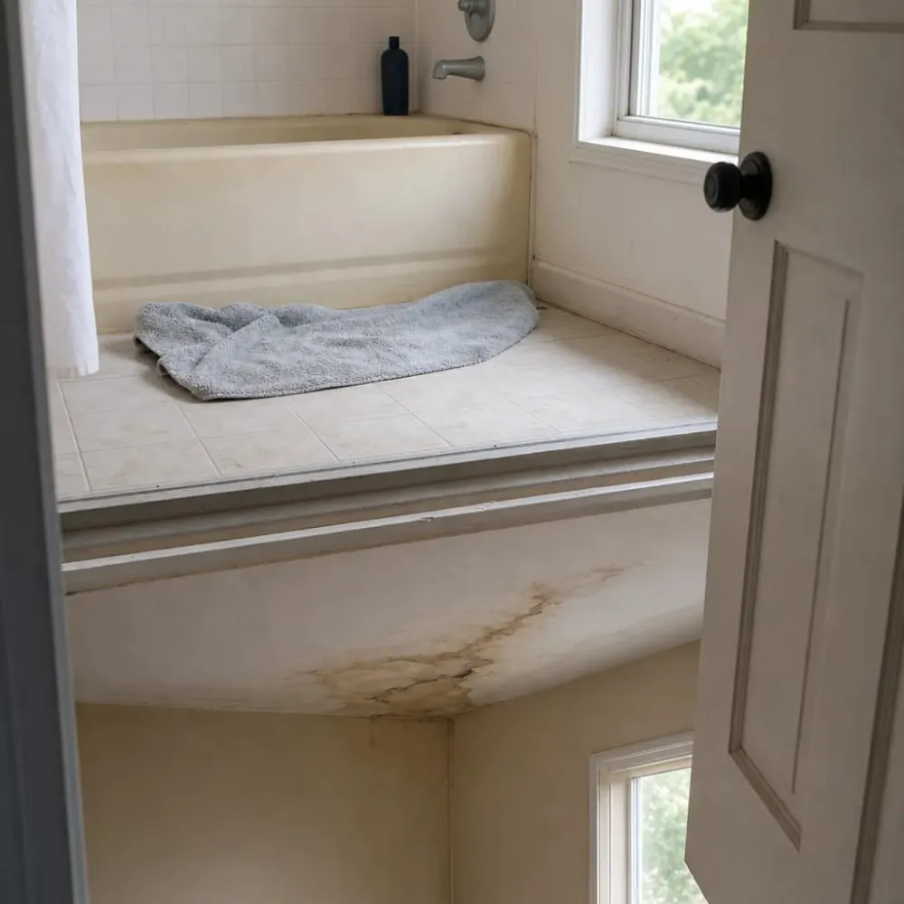 Homeowner view of leaking bathtub signaling need for bathtub replacement