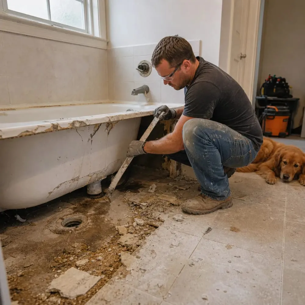 Plumber removing old bathtub during bathtub replacement in home