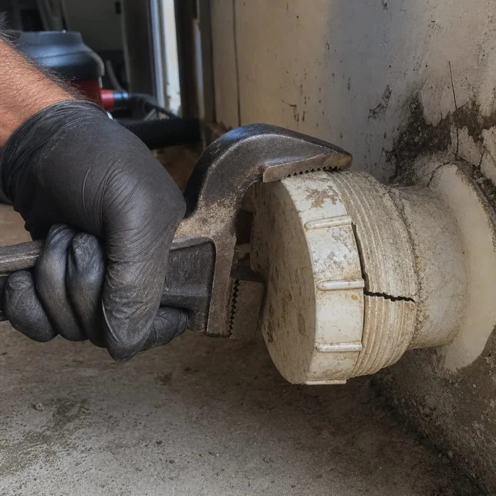 Close-up of cracked cleanout cap being removed with pipe wrench