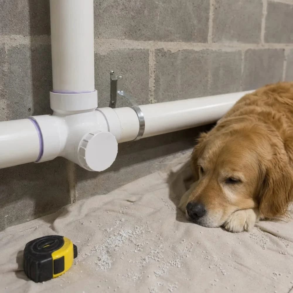 PVC cleanout installation in home basement wall