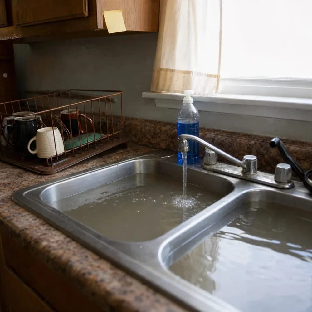 Slow draining kitchen sink showing signs of needing cleanout installation