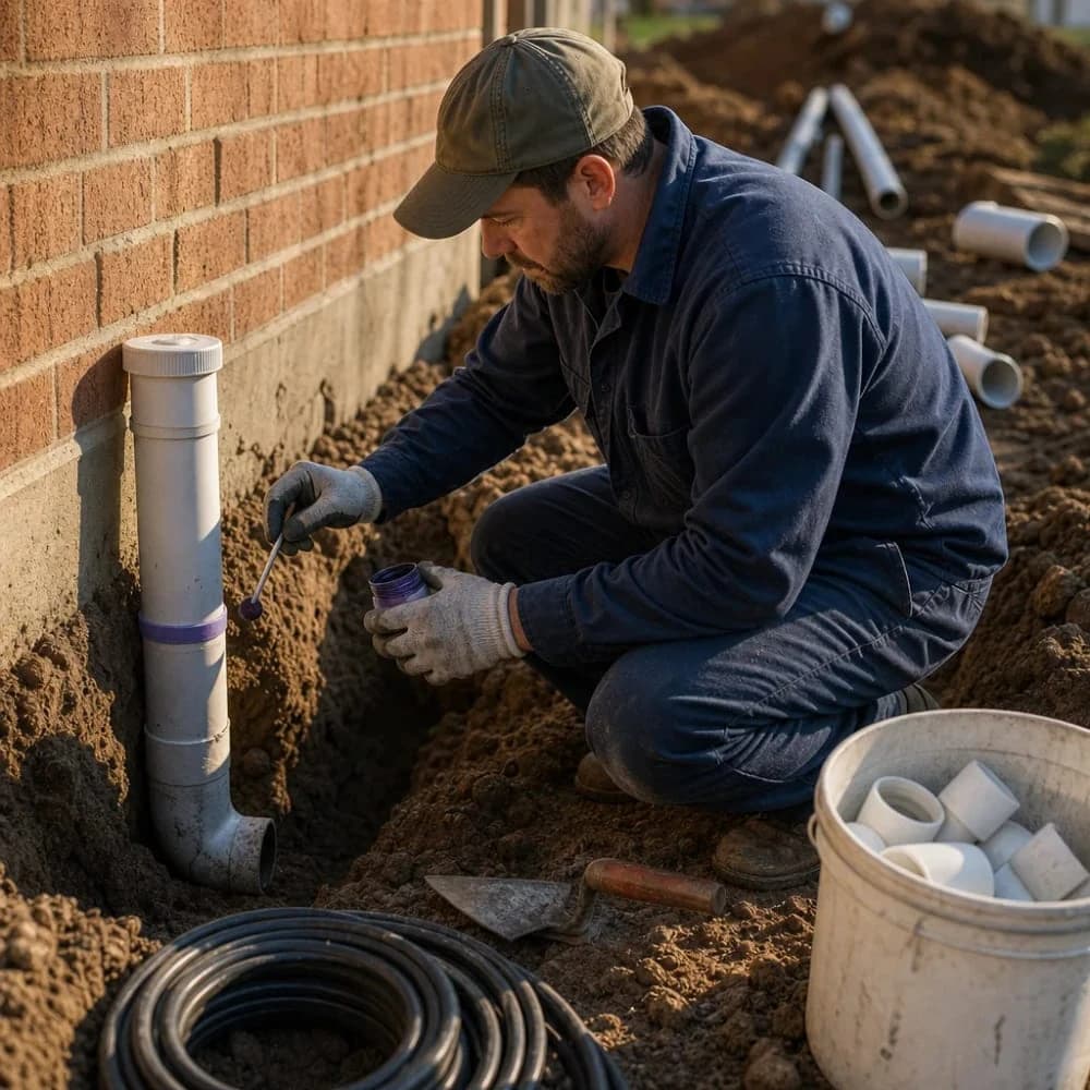 Plumber installing new PVC sewer cleanout pipe outside home foundation