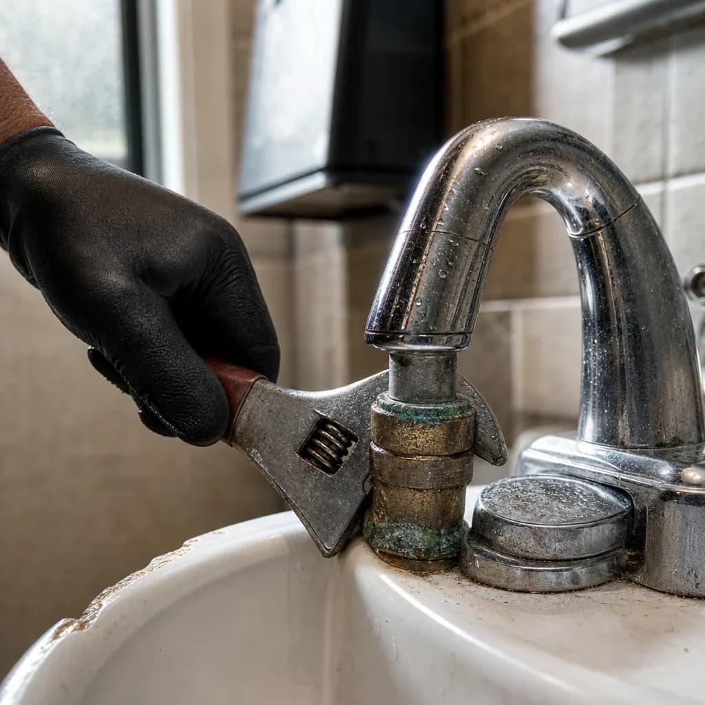 Close-up repair of corroded commercial faucet fixture