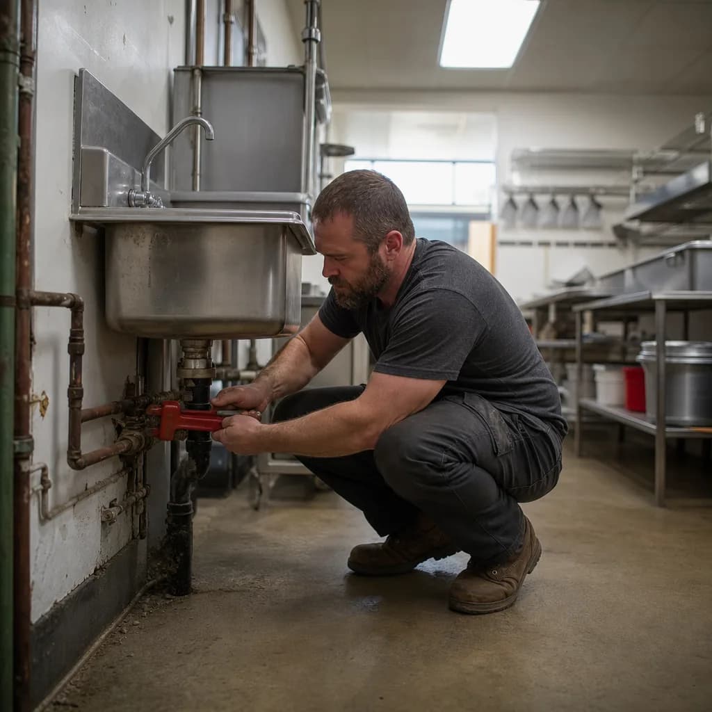 Plumber repairing commercial fixture valve in restaurant kitchen