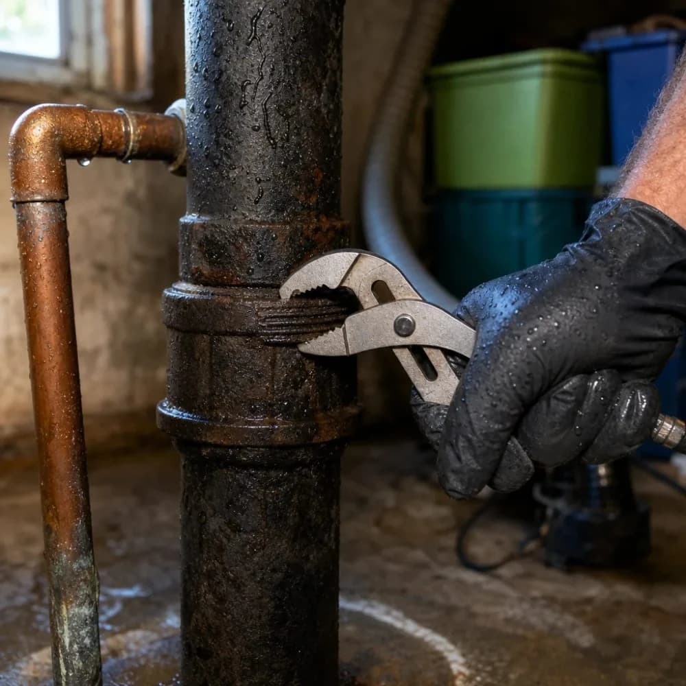 Close-up of wrench tightening corroded basement drain fitting in home
