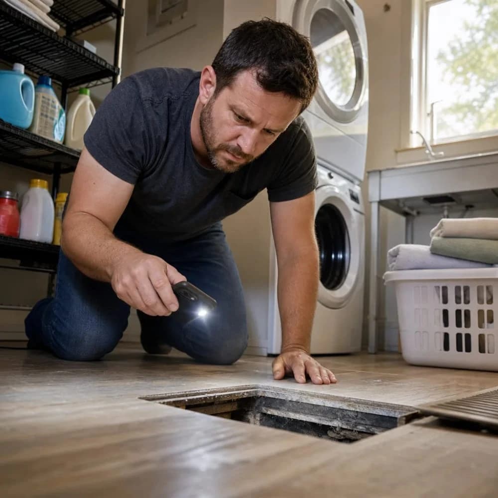 Homeowner checking crawl space vent for water issues in laundry room