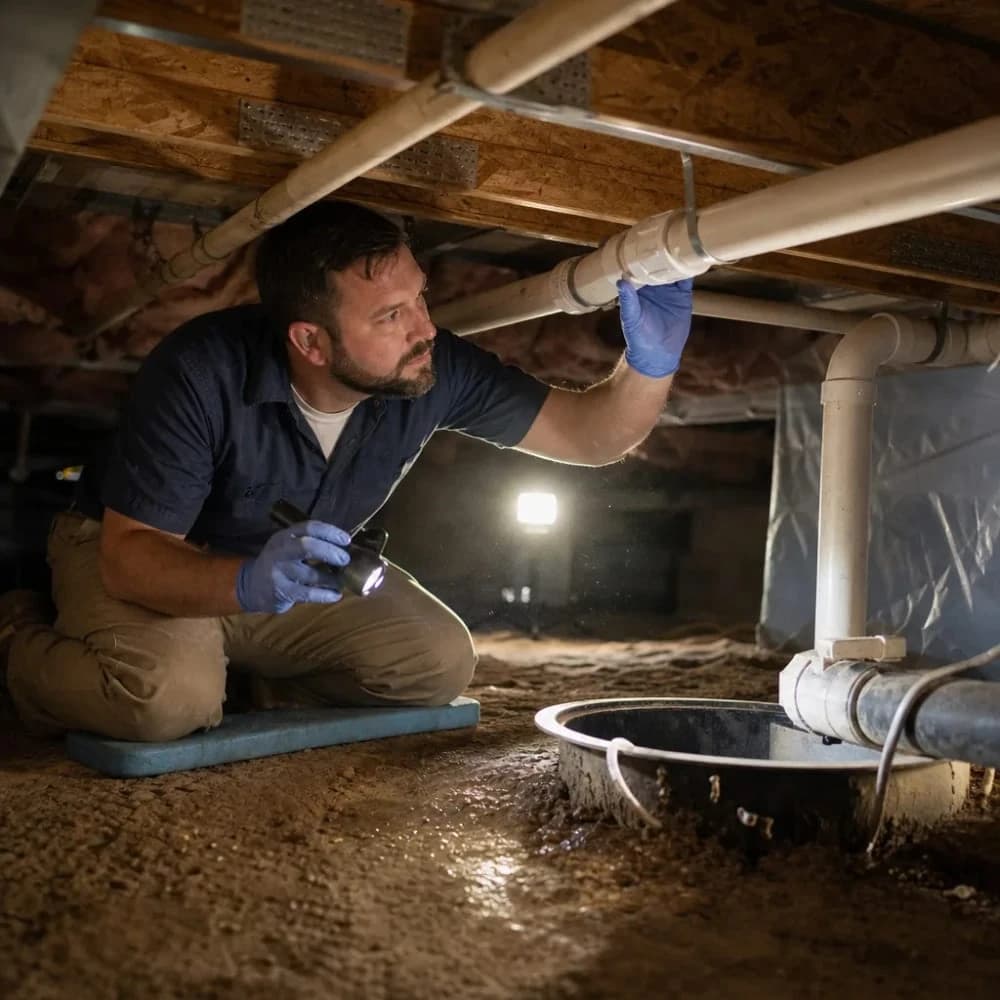 Plumber inspecting crawl space drain line beneath home with flashlight