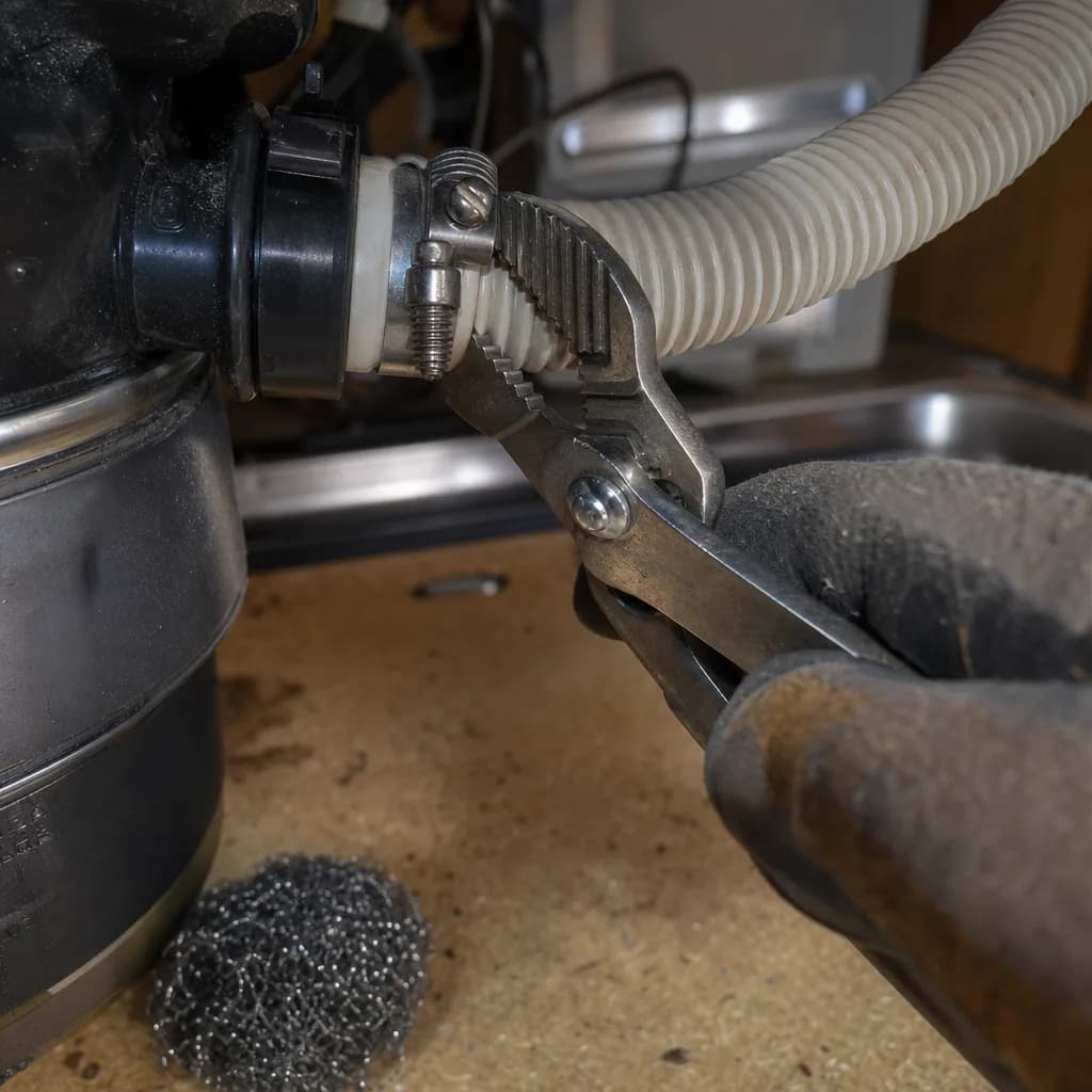 Close-up of drain hose clamp connection for dishwasher hookup in home