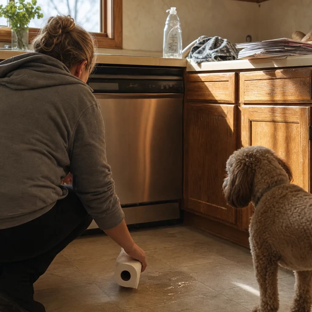 Homeowner discovering water leak near failing dishwasher hookup in kitchen