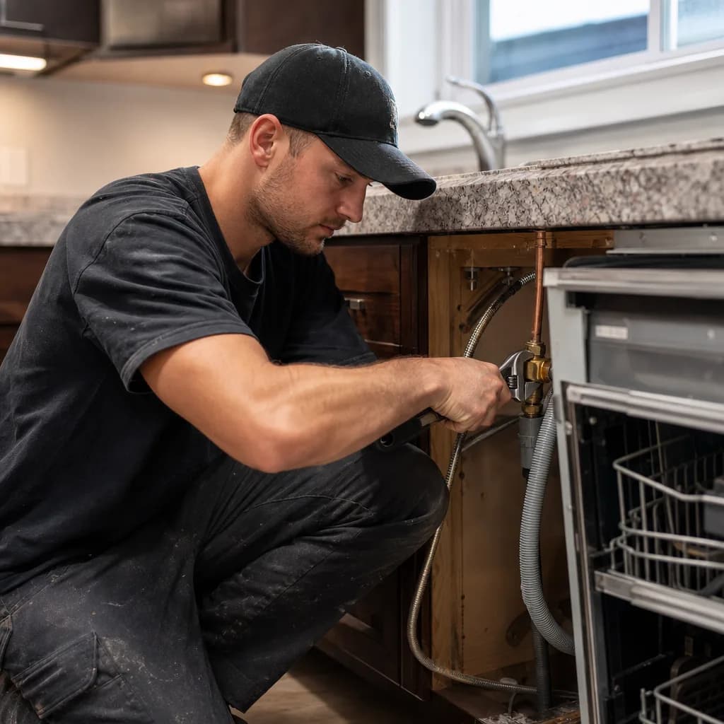 Plumber connecting dishwasher supply line during hookup service in kitchen