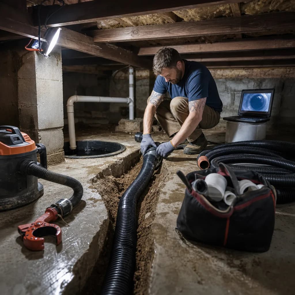 Plumber installs crawl space drain and sump system during Evansville drainage service work