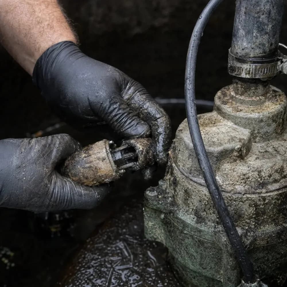 Close-up of corroded effluent pump float switch during Evansville pump repair