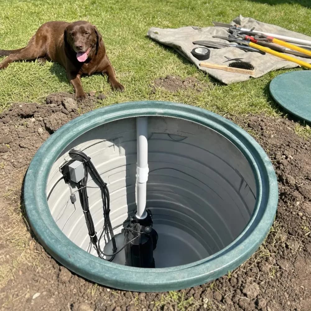 Repaired effluent pump reinstalled in septic tank after Evansville service call