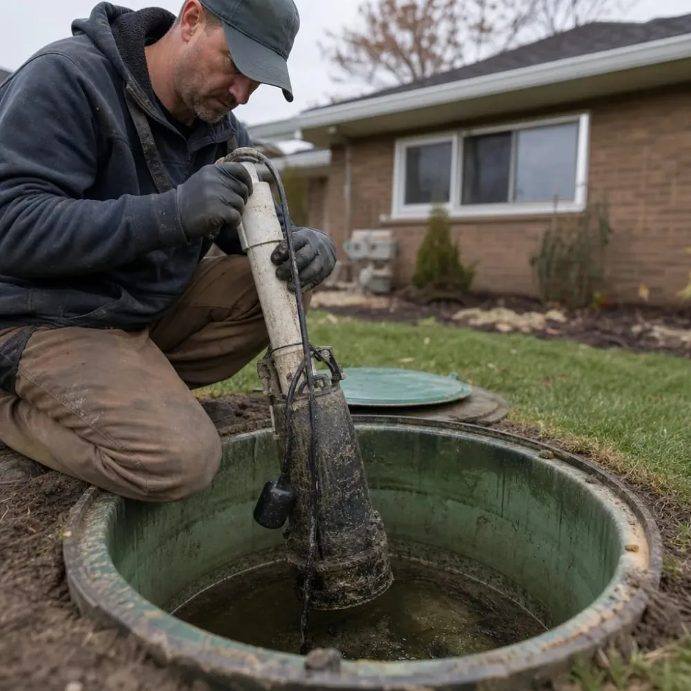 Plumber lifting effluent pump from septic tank during repair visit in Evansville