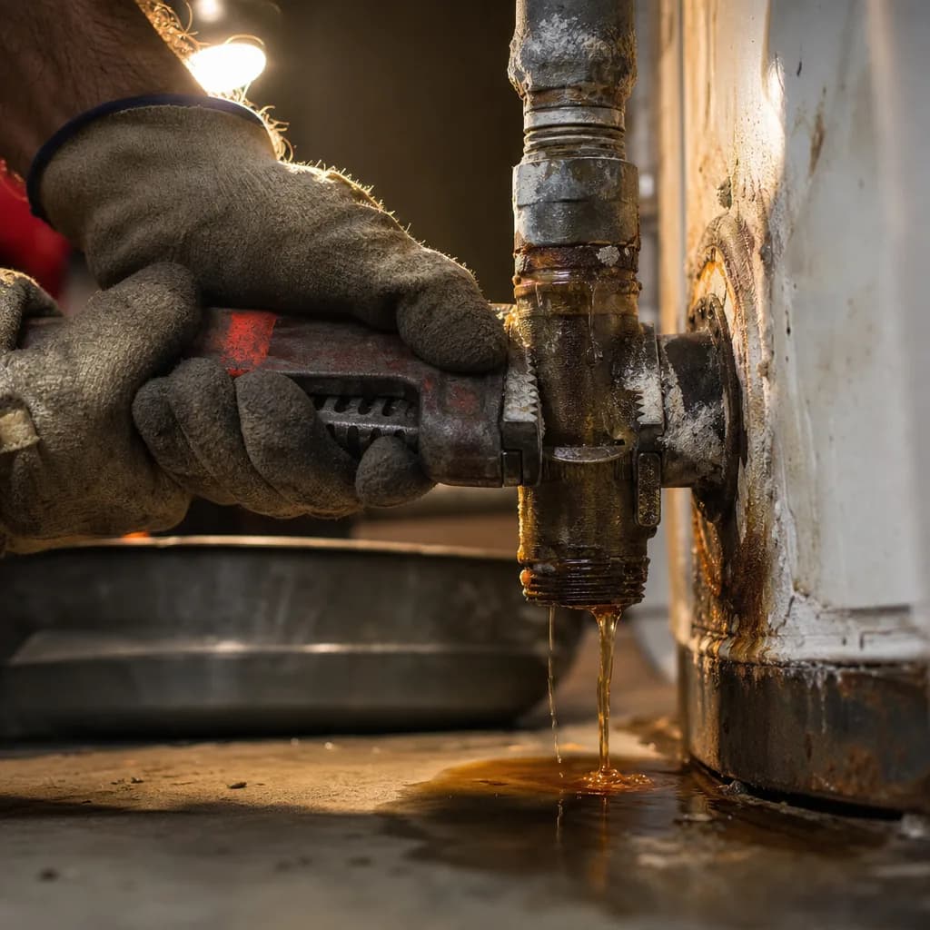 Close-up of wrench tightening corroded pipe fitting during emergency plumbing repair