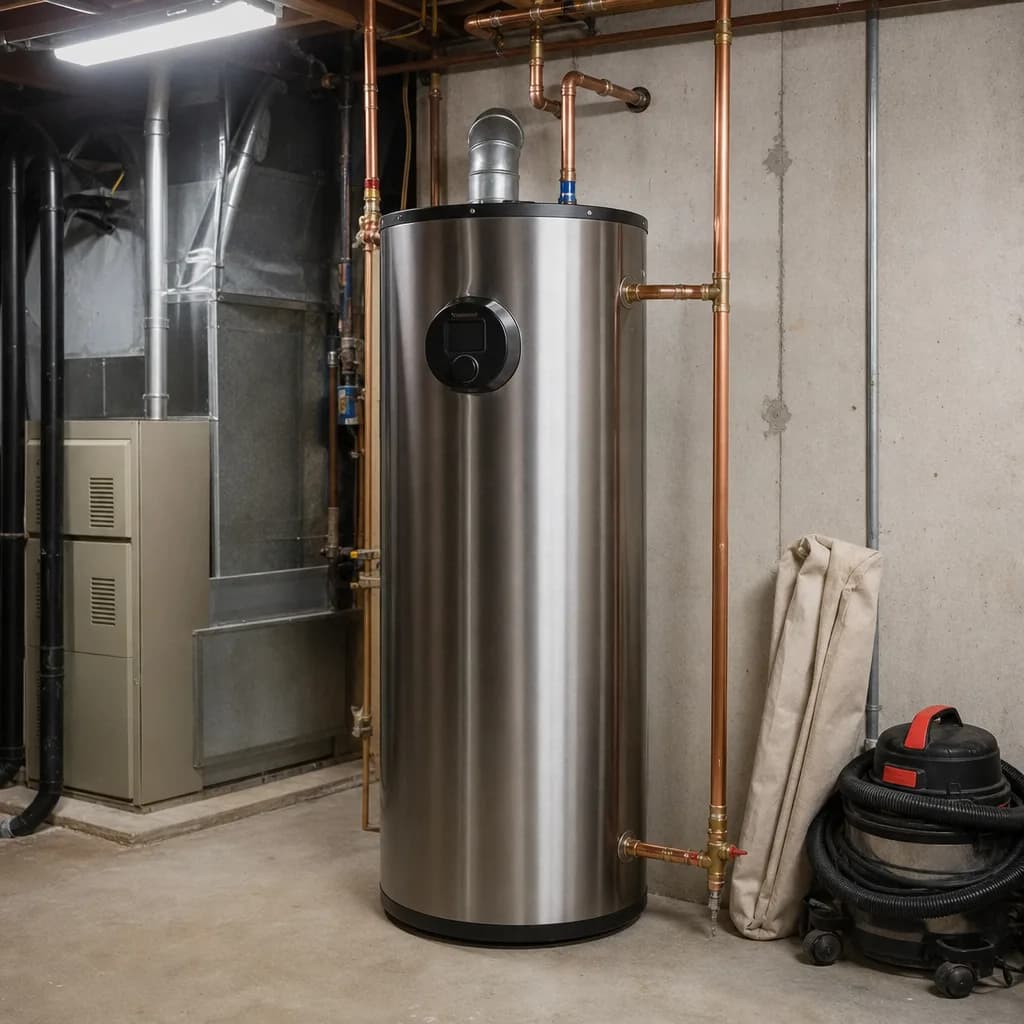 Water heater and copper fittings in a basement utility room