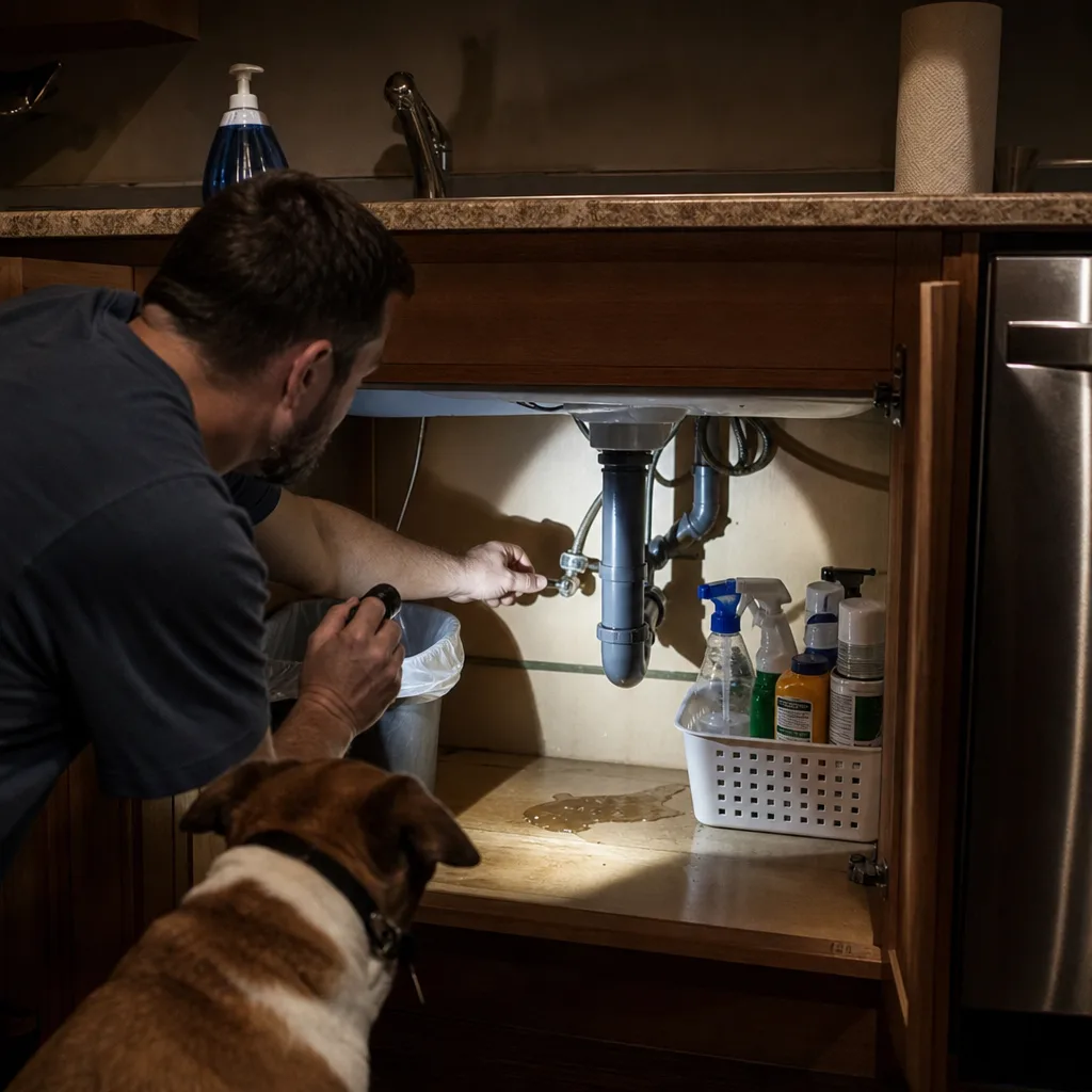 Homeowner checking under-sink leak at night
