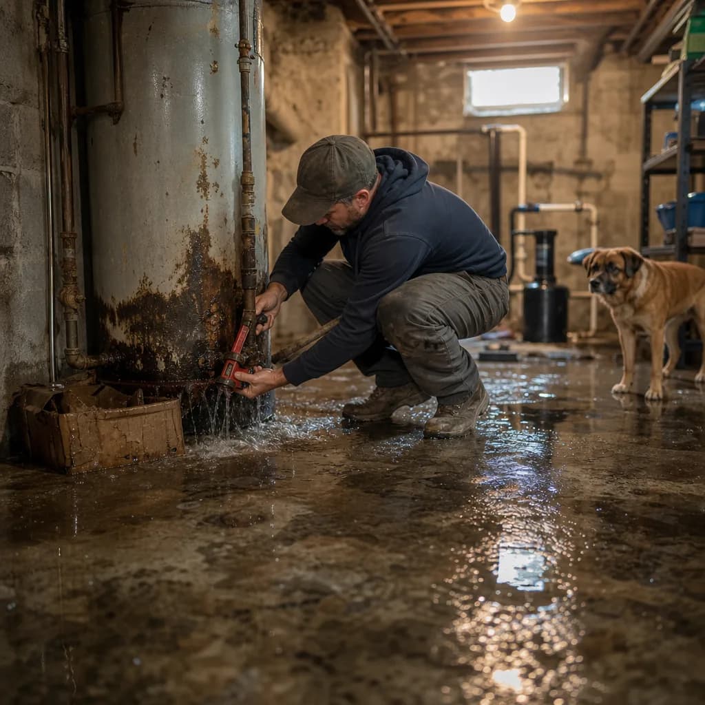 Plumber shutting off valve during emergency water heater leak repair in home