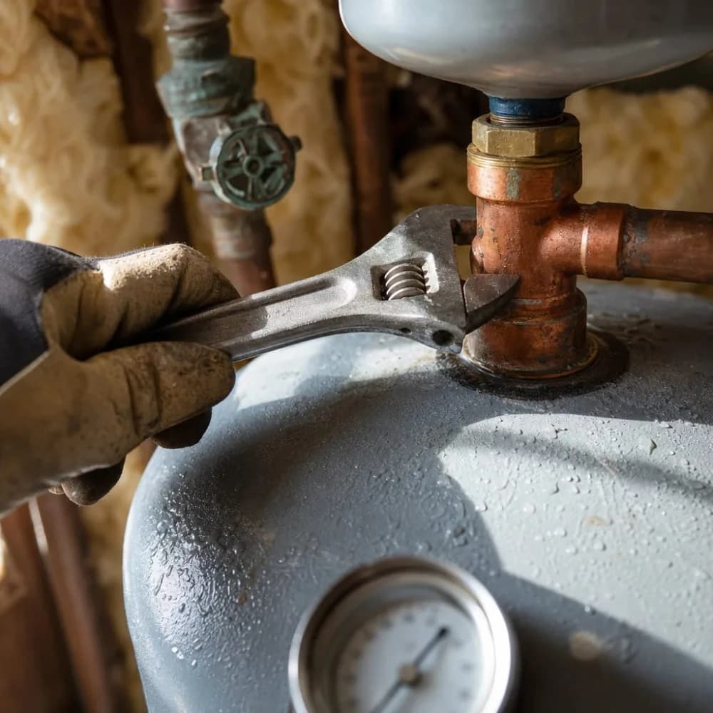 Close-up of hand tightening fitting on expansion tank