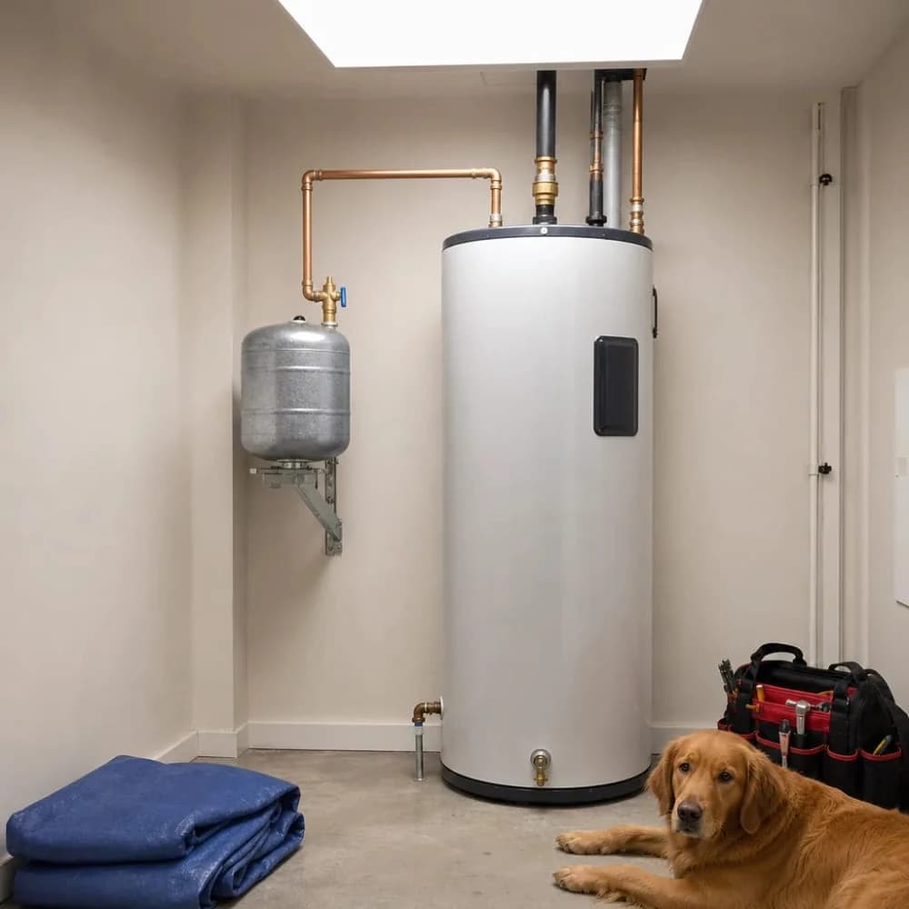 Expansion tank installation beside water heater in home