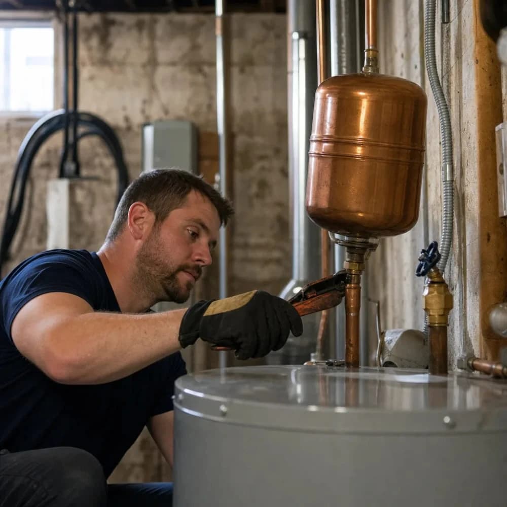 Plumber installing expansion tank on water heater line in home