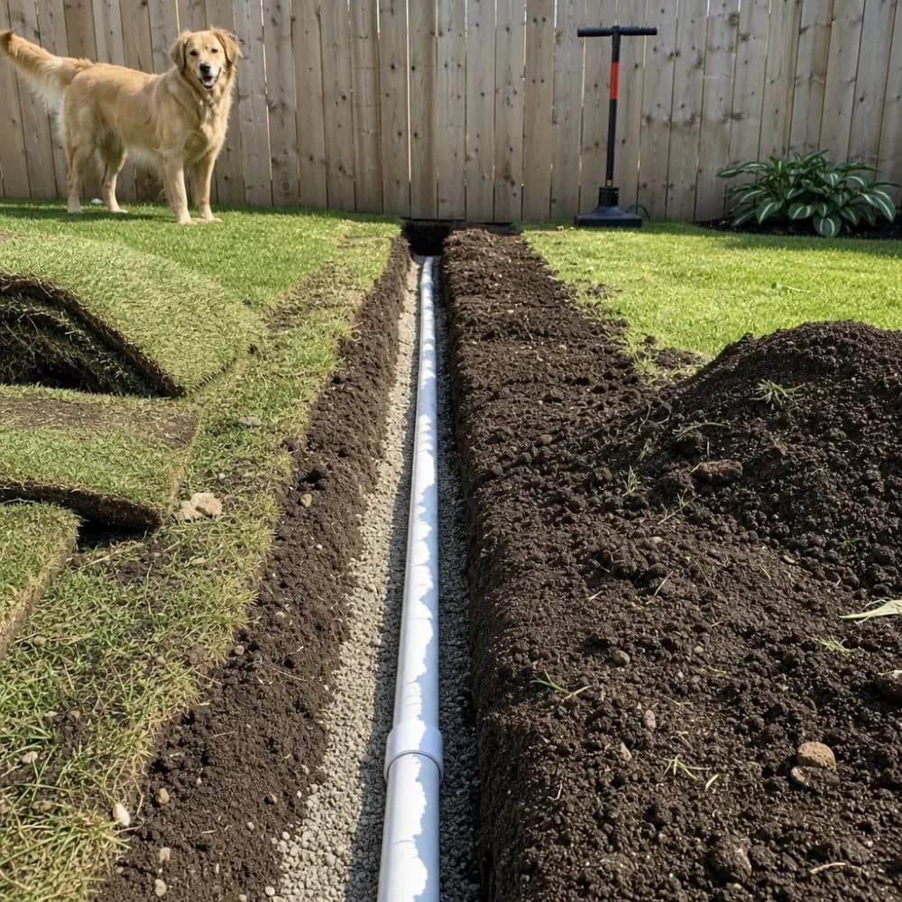 PVC drain pipe in an open yard trench