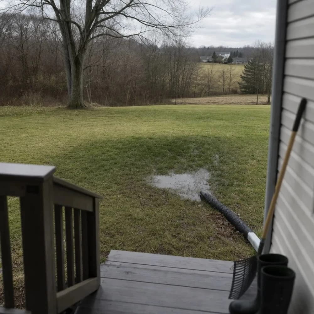 Pooling water near downspout signals exterior drain problem in yard