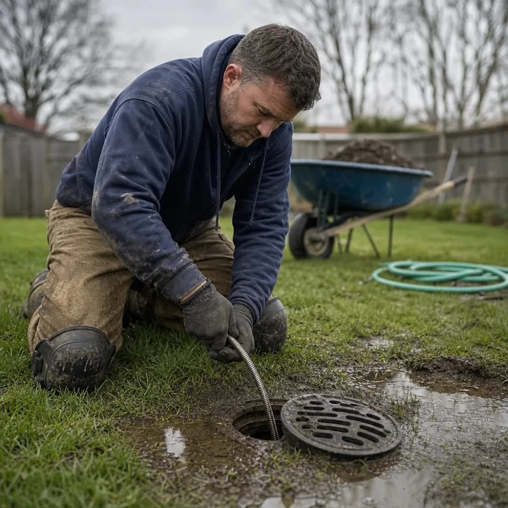 Plumber clearing clogged exterior yard drain pipe in backyard