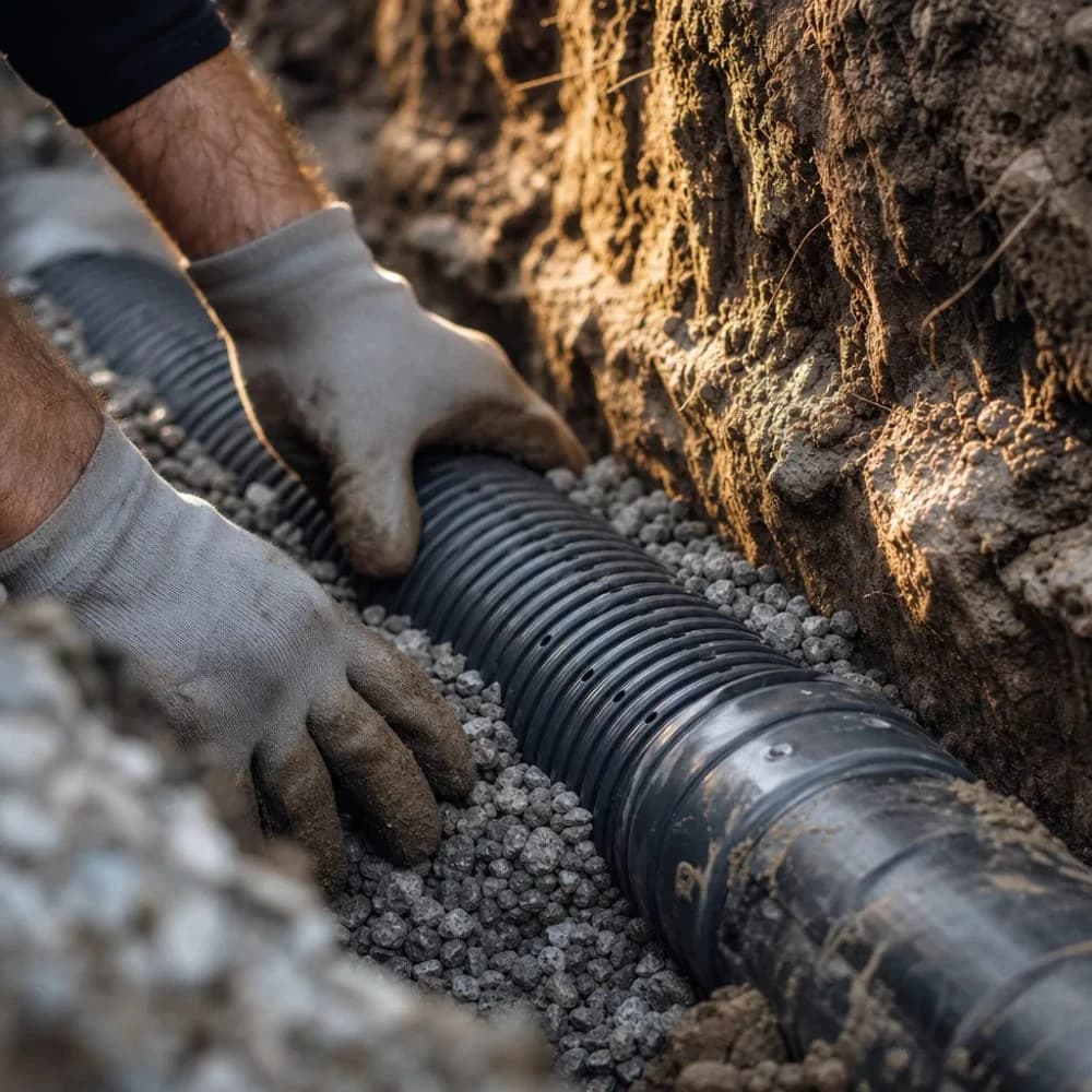 Close-up of perforated French drain pipe being placed in gravel trench