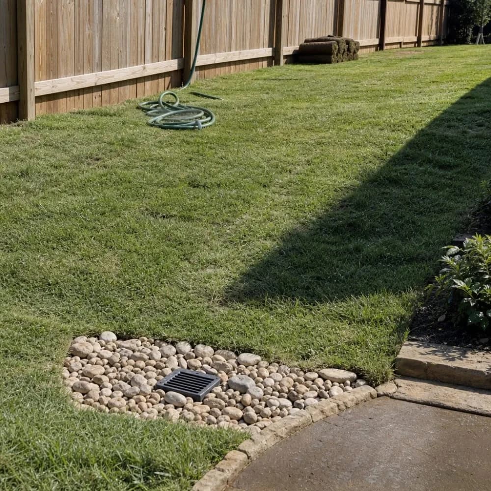 Yard with a drainage outlet pipe at the edge of the lawn