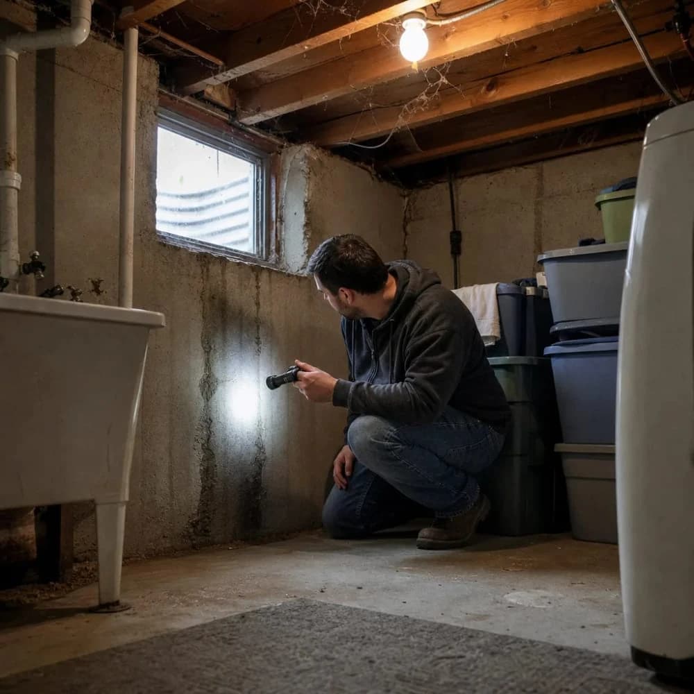 Homeowner inspecting basement water stain before French drain repair