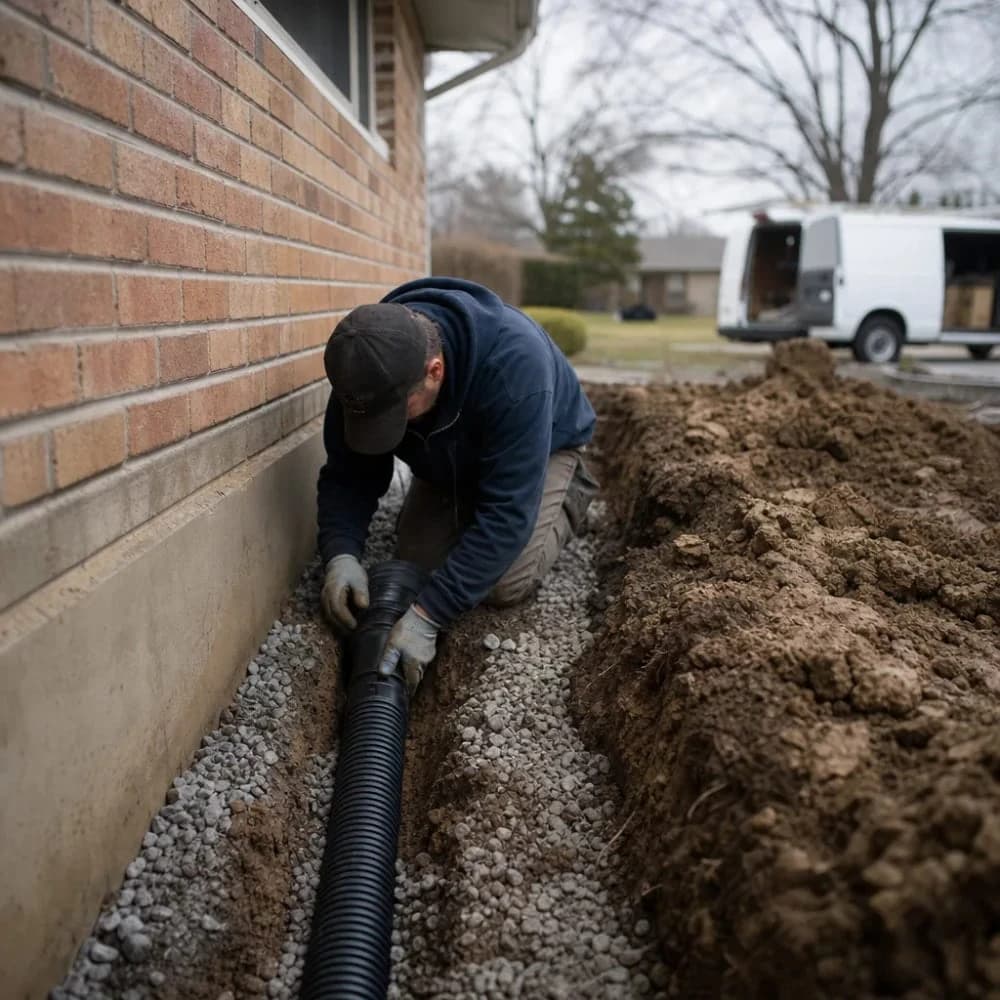 Plumber installing French drain pipe along home foundation in yard