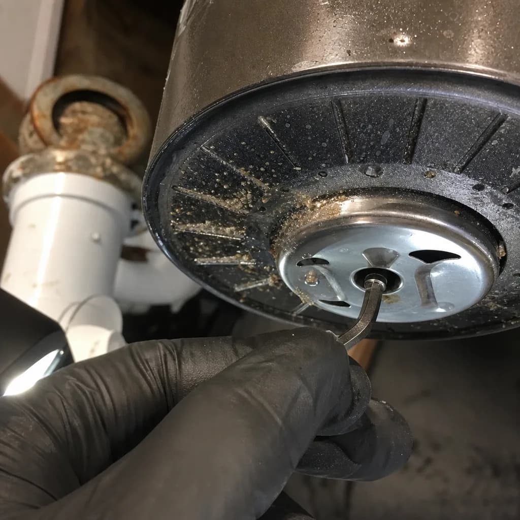Close-up of hand using wrench to reset jammed garbage disposal