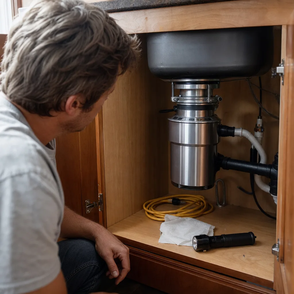 Garbage disposal mounted under a kitchen sink