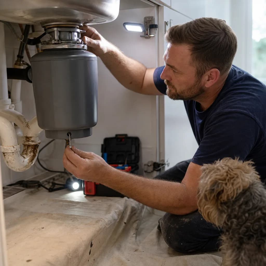 Plumber repairing garbage disposal unit under kitchen sink in home